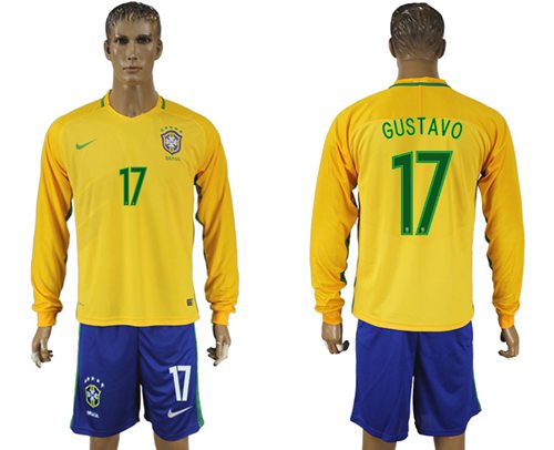 Brazil #17 Gustavo Alves Home Long Sleeves Soccer Country Jersey